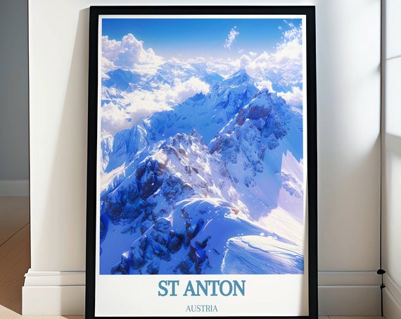 St Anton Ski Prints Valluga Mountain Art Valluga Mountain Travel Prints Framed Ski Prints Retro Ski Wall Art