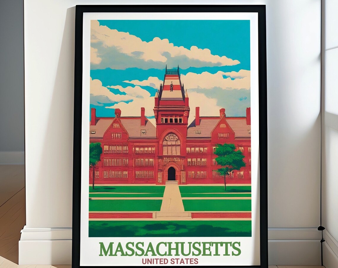 Harvard University Cambridge Red Brick Hall Campus Travel Poster