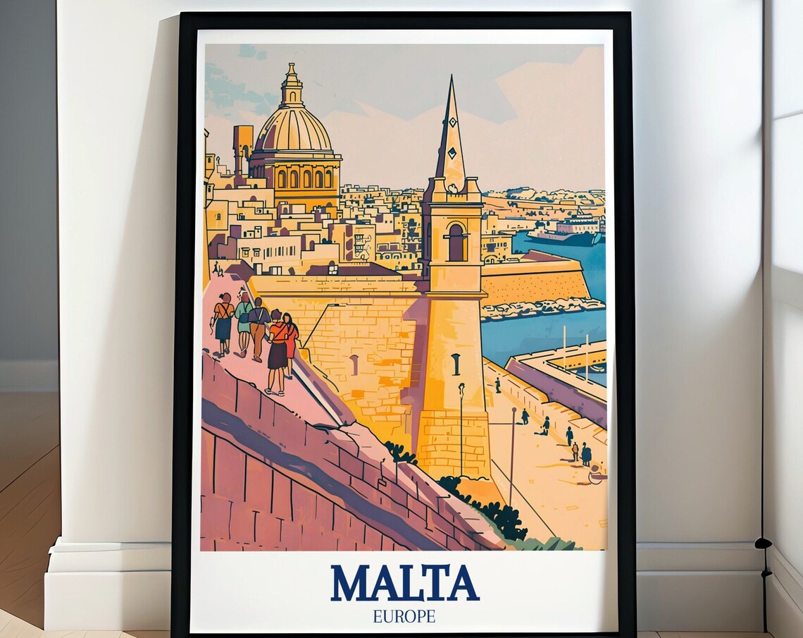 Valletta Malta Harbor Walls and Church Dome Vintage Travel Poster