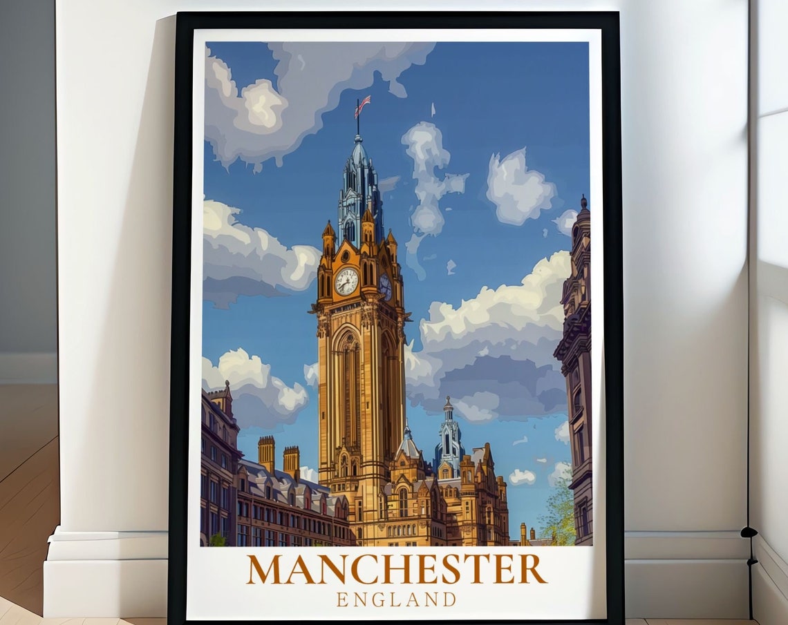 Manchester England Town Hall Clock Tower Historic Landmark Poster