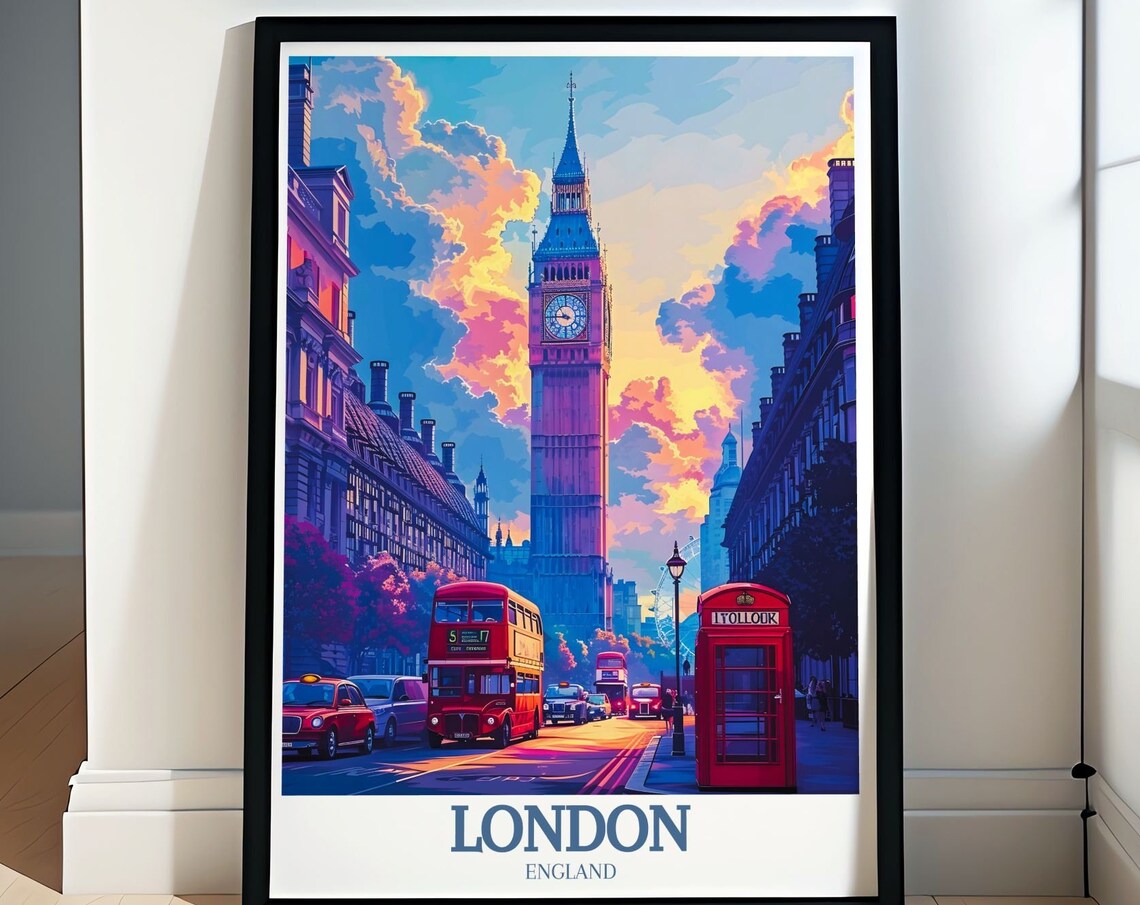London Big Ben Street Scene Red Bus Phone Box Sunset Travel Poster