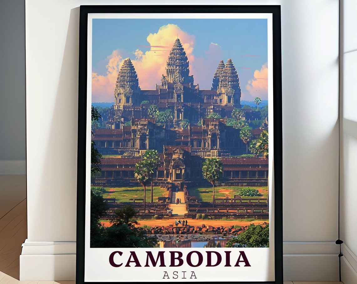Cambodia Angkor Wat Temple Towers Glowing at Sunset Travel Poster