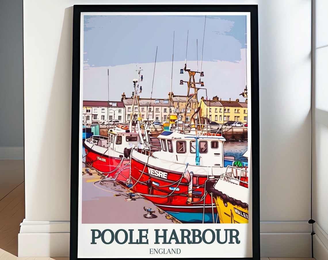 Poole Harbour Colorful Fishing Boats Quay England Travel Poster