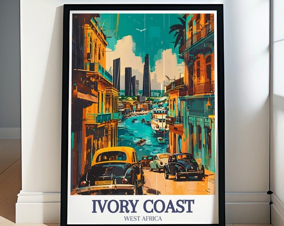 Ivory Coast Travel Poster, Abidjan Plateau District Skyline