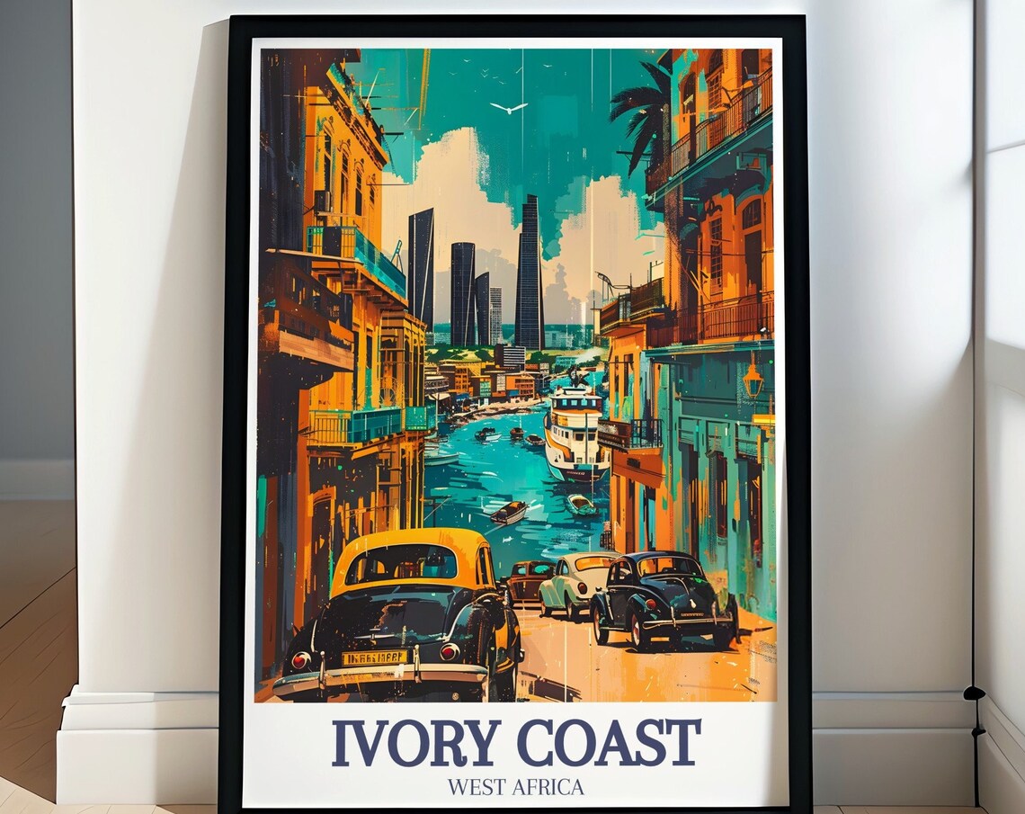 Ivory Coast Travel Poster, Abidjan Plateau District Skyline