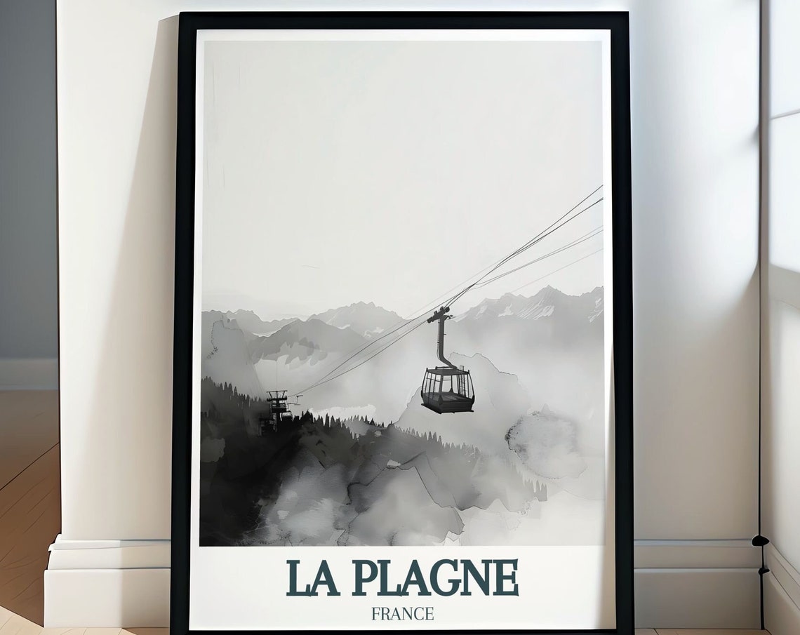 La Plagne Cable Car Misty Mountains Monochrome Watercolor Poster