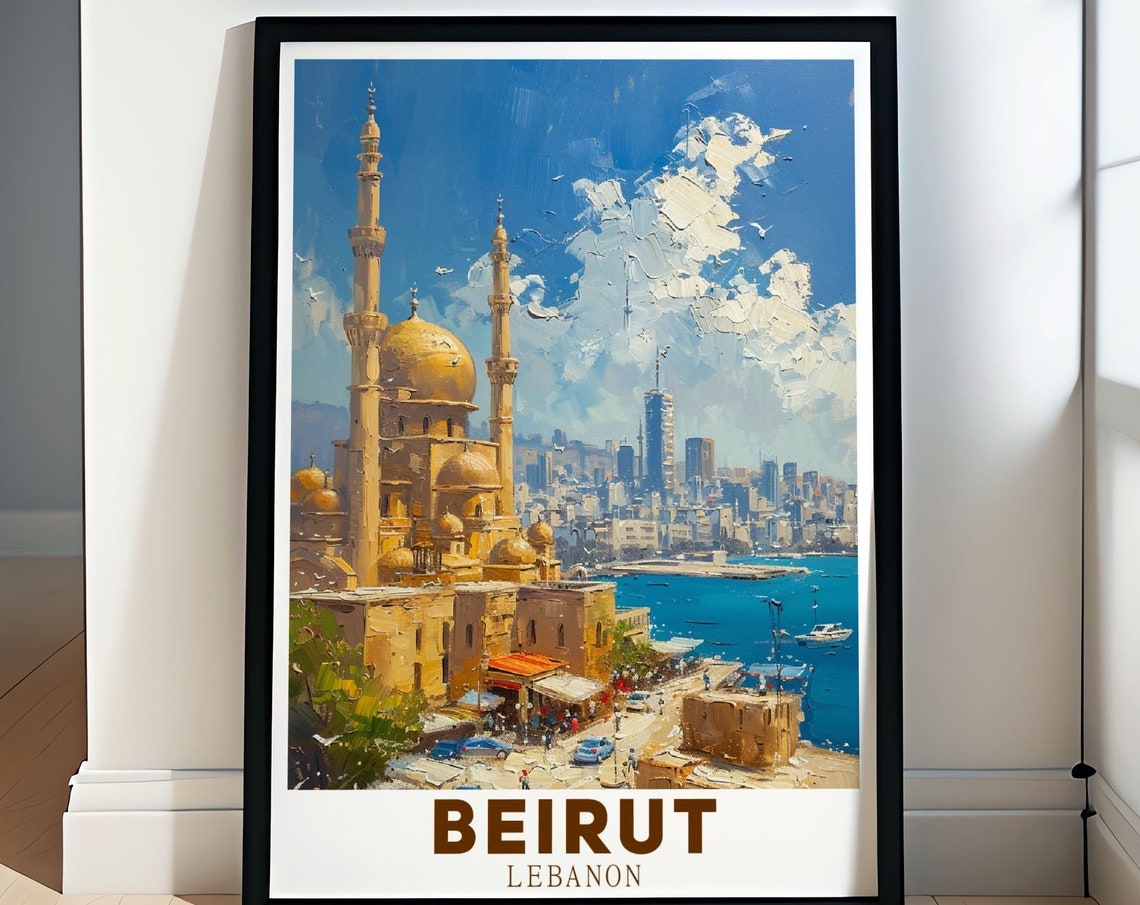 Beirut Lebanon Golden Mosque Harbor Cityscape Blue Sky Travel Poster