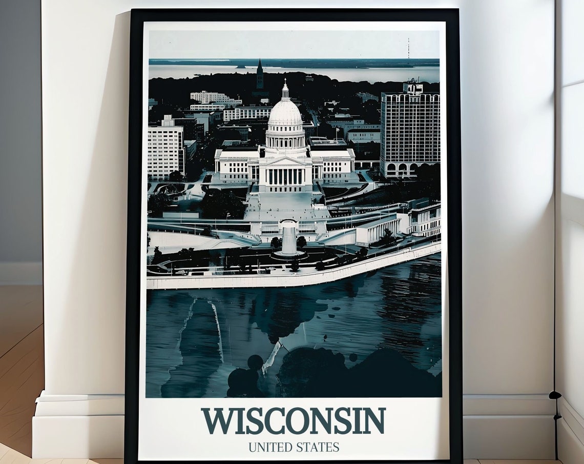 Wisconsin State Capitol in Madison Aerial Monochrome View Poster