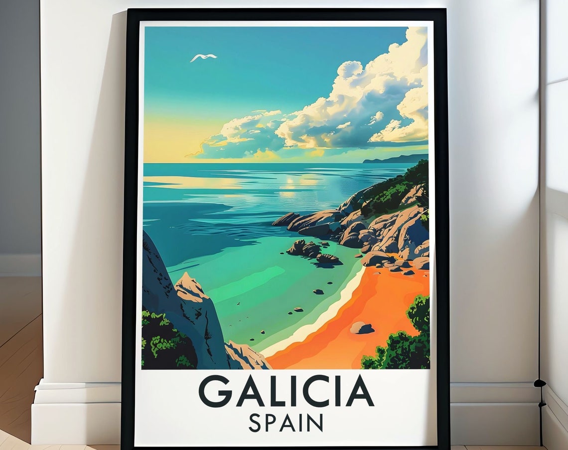 Galicia Spain Turquoise Cove Beach with Orange Sand Cliffs Poster