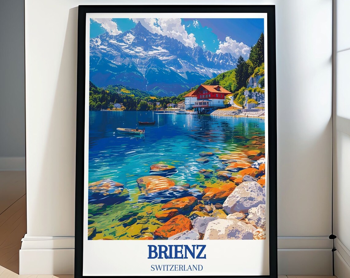 Brienz Switzerland Alpine Lake Red Boathouse Mountains Poster