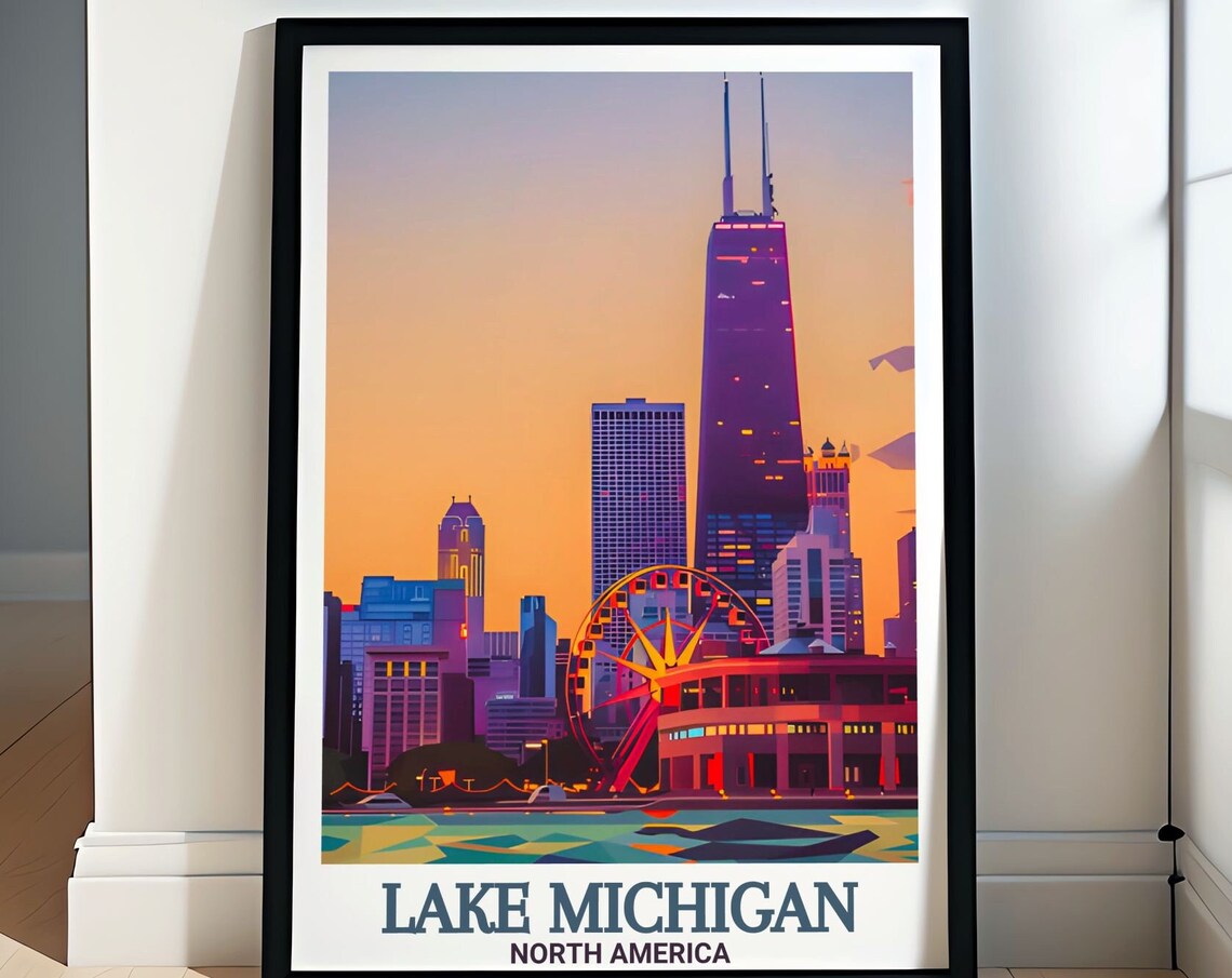 Lake Michigan Chicago Skyline Navy Pier Sunset Ferris Wheel Poster