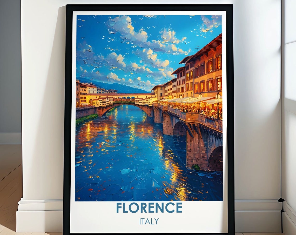 Florence Italy Travel Poster Ponte Vecchio Evening River Painting
