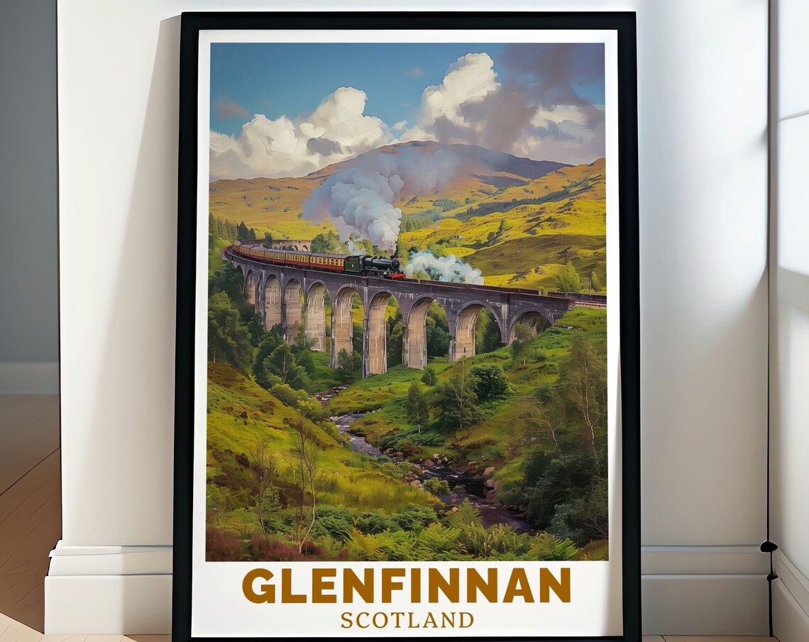 Glenfinnan Viaduct Steam Train Highland Hills Scotland Travel Poster