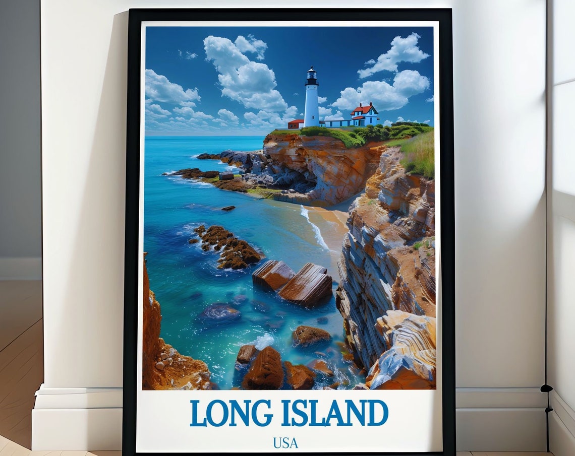 Long Island Lighthouse on Rocky Cliffs Dramatic Coast Travel Poster