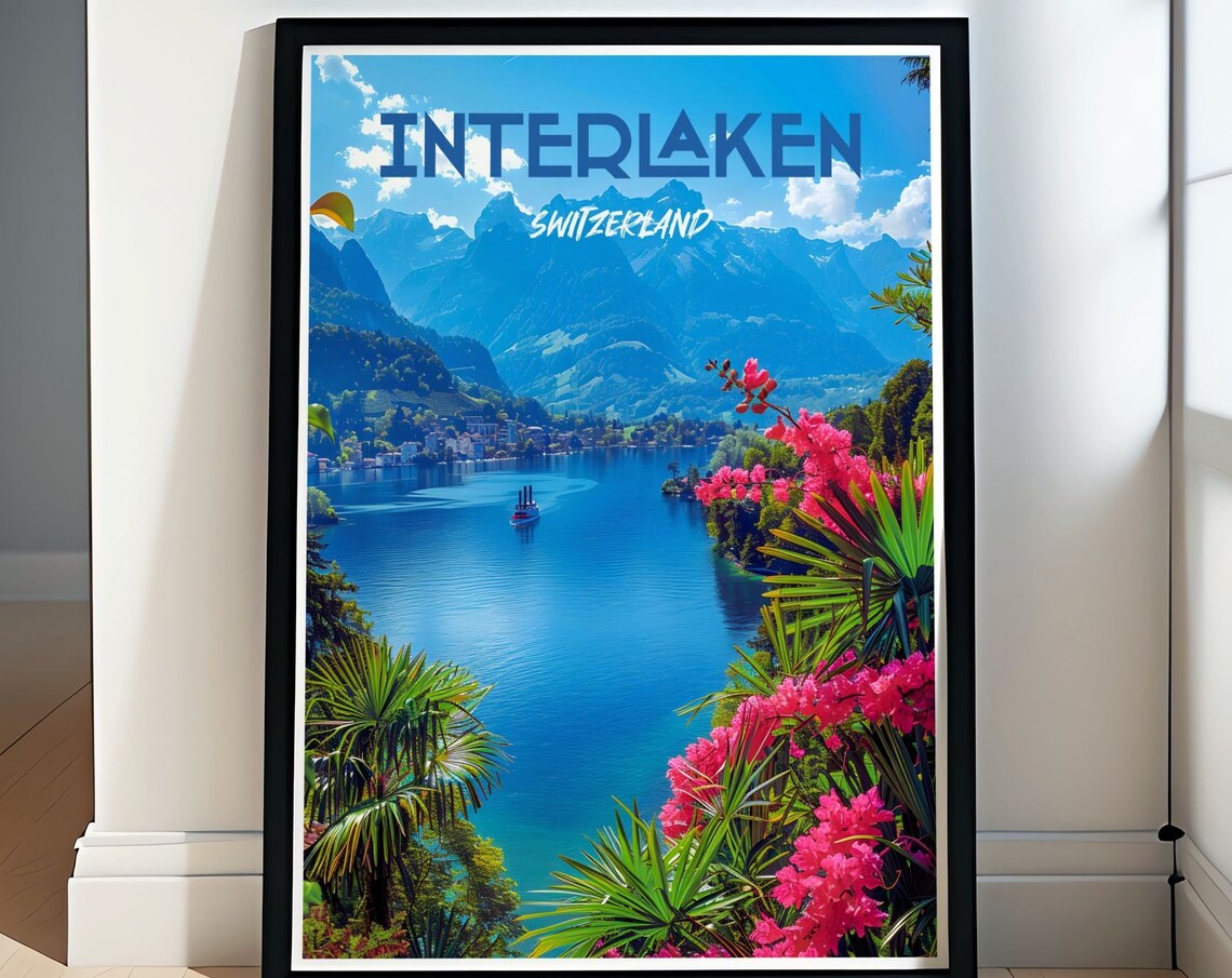 Interlaken Switzerland Sparkling Blue Lake Pink Blossoms Travel Poster