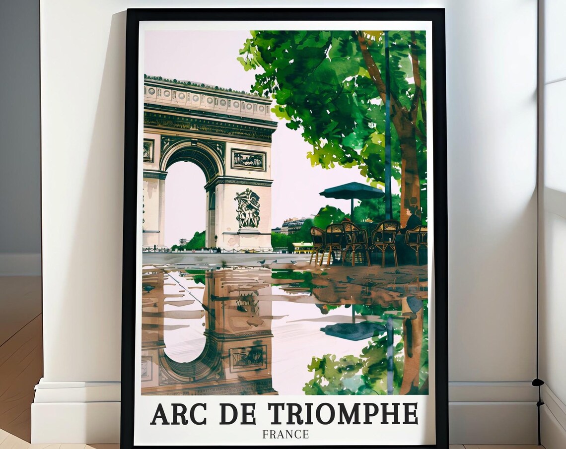 Arc de Triomphe France Watercolor Rainy Street Reflection Scene Poster