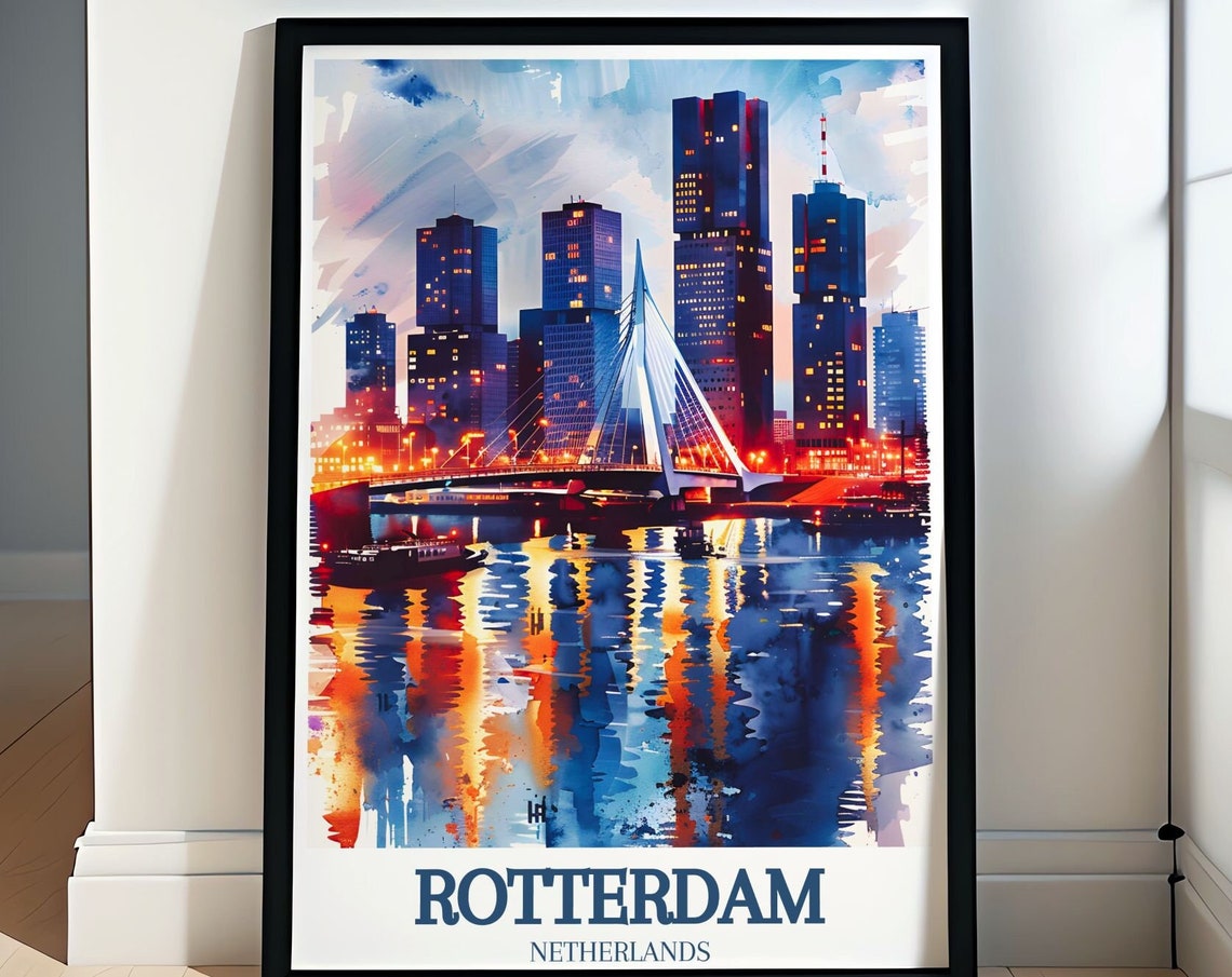 Rotterdam Skyline And Erasmus Bridge Night City Lights Poster