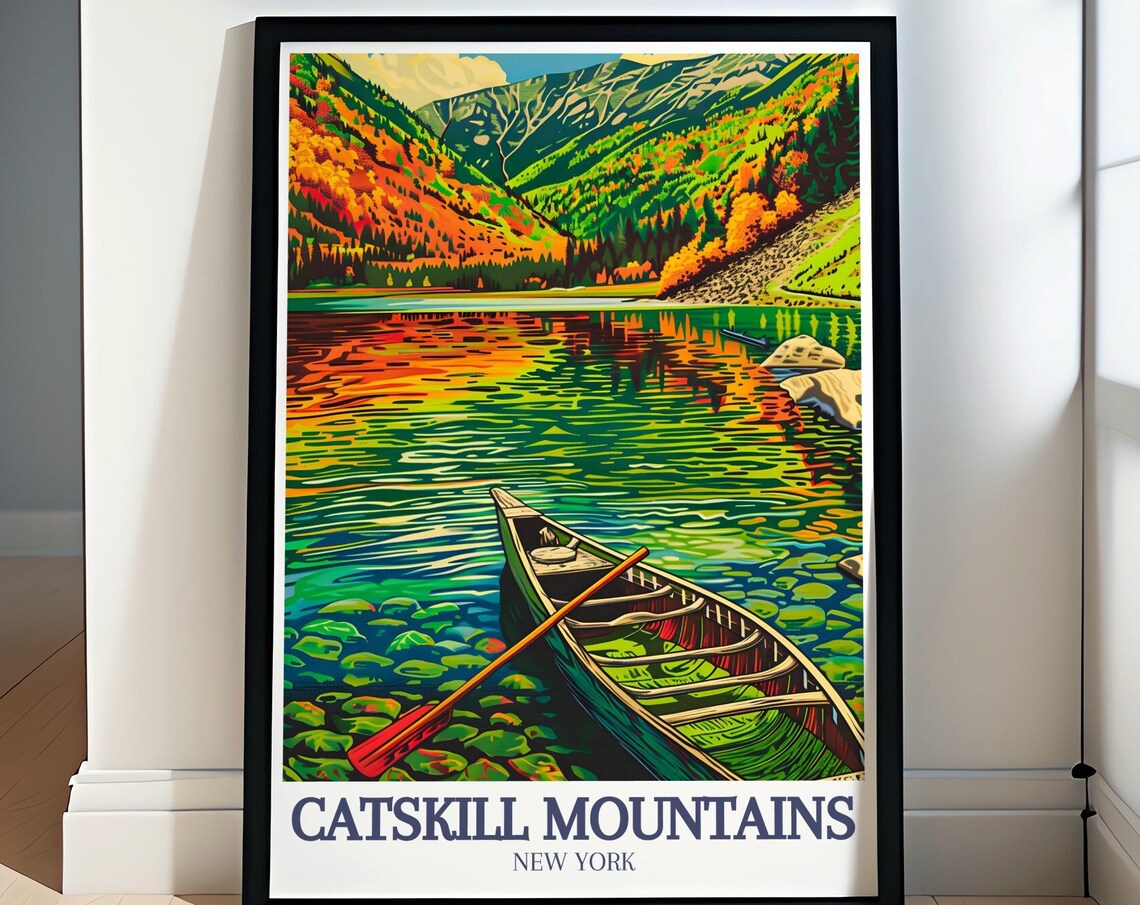 Catskill Mountains New York Autumn Lake Canoe Retreat Travel Poster