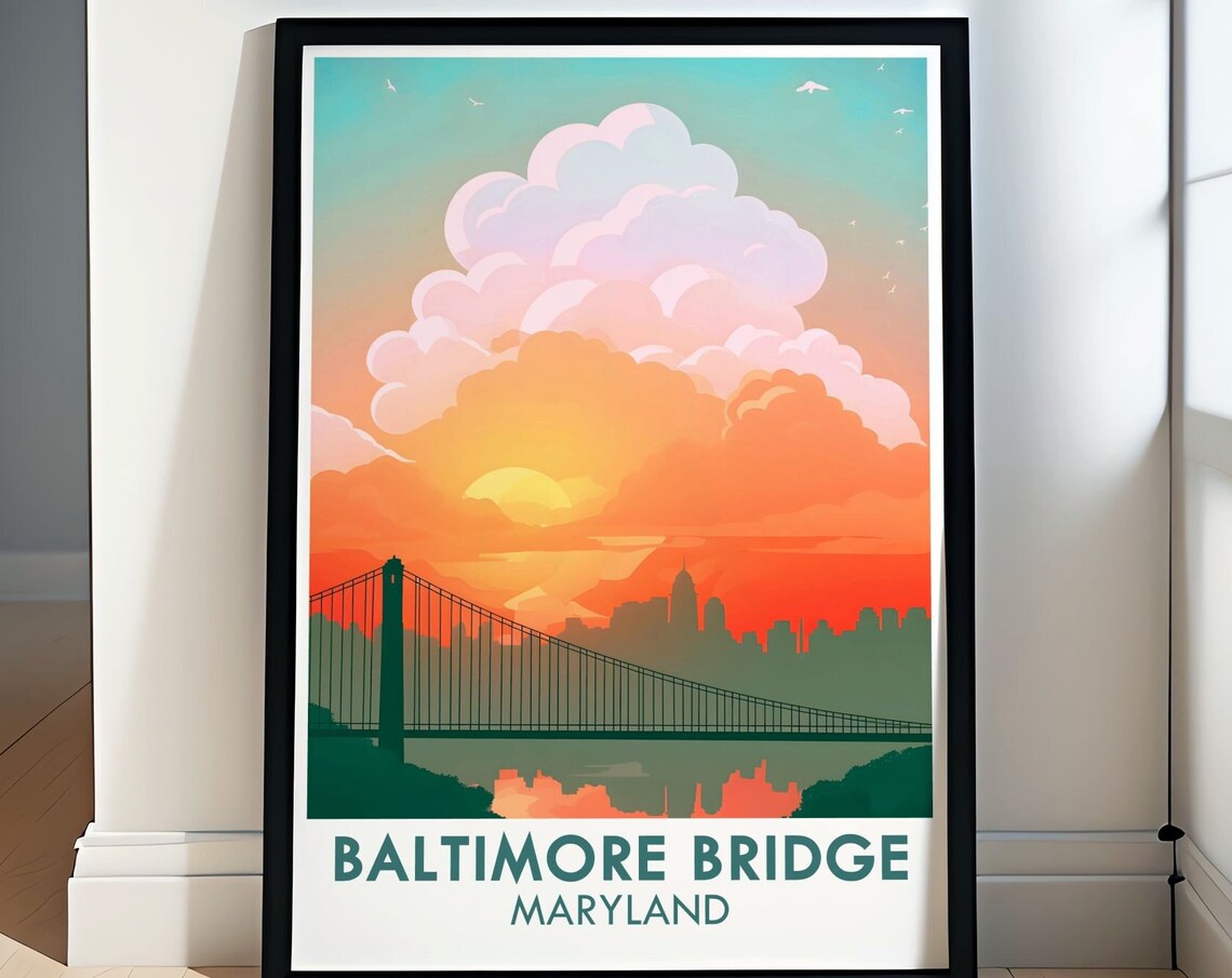 Baltimore Bridge Suspension Sunset Skyline Retro Travel Poster