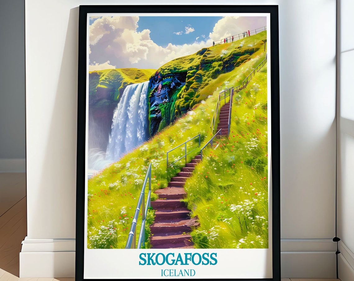 Skógafoss Iceland Waterfall and Staircase Green Hillside Poster
