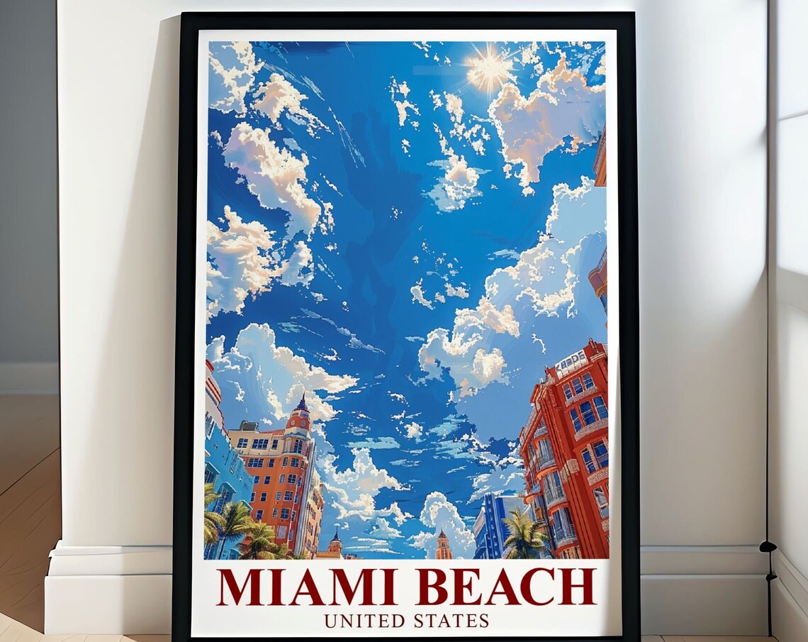 Miami Beach Art Deco Street Scene Under A Bright Blue Sky Poster