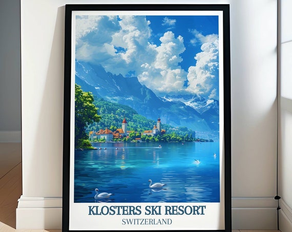 Klosters Ski Resort Poster Lake Art Prints Lake Gevena Poster Davos Klosters Ski Resort Ski Lift Wall Art From Lake Geneva