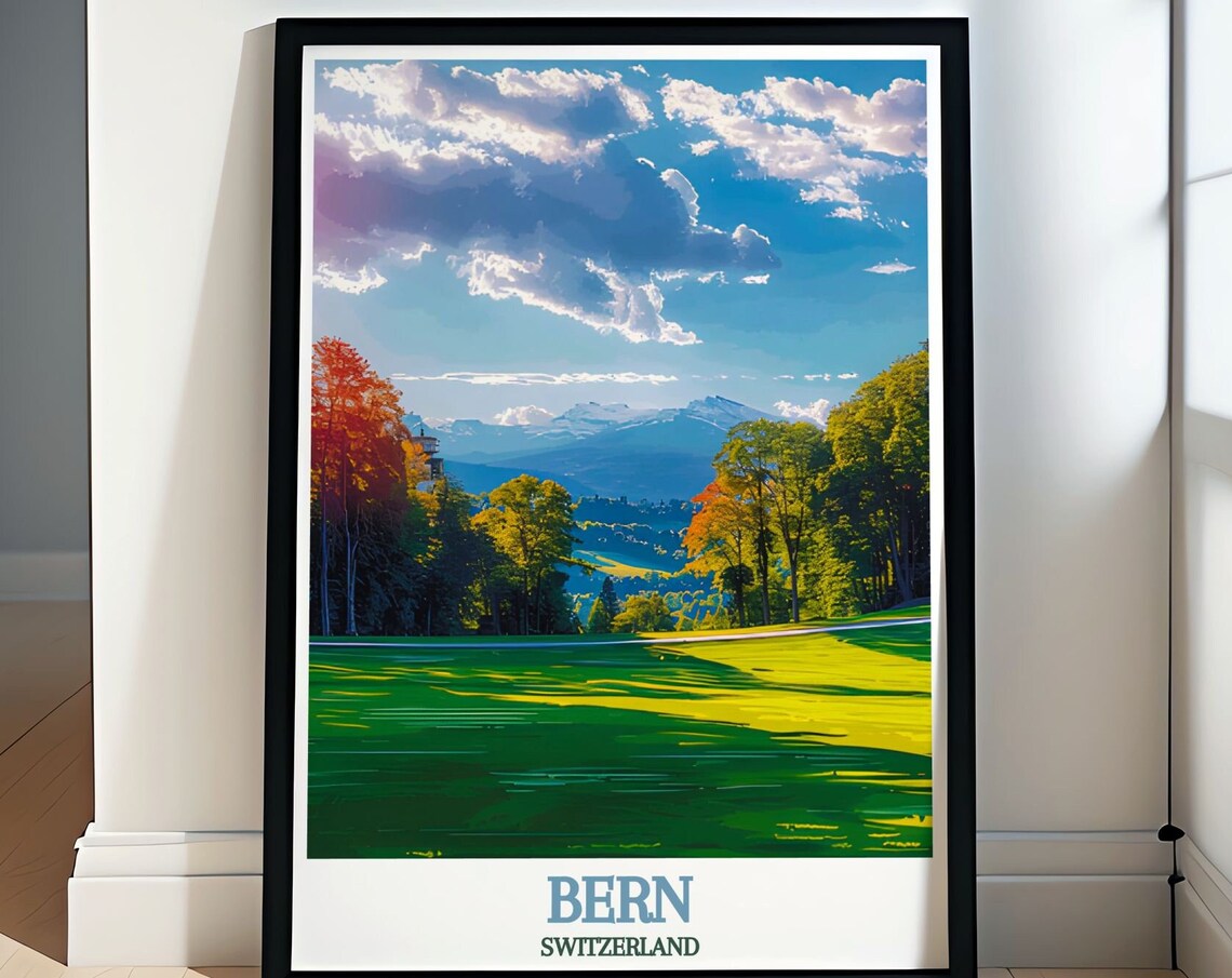 Bern Switzerland Green Meadow and Alpine Peaks Travel Poster