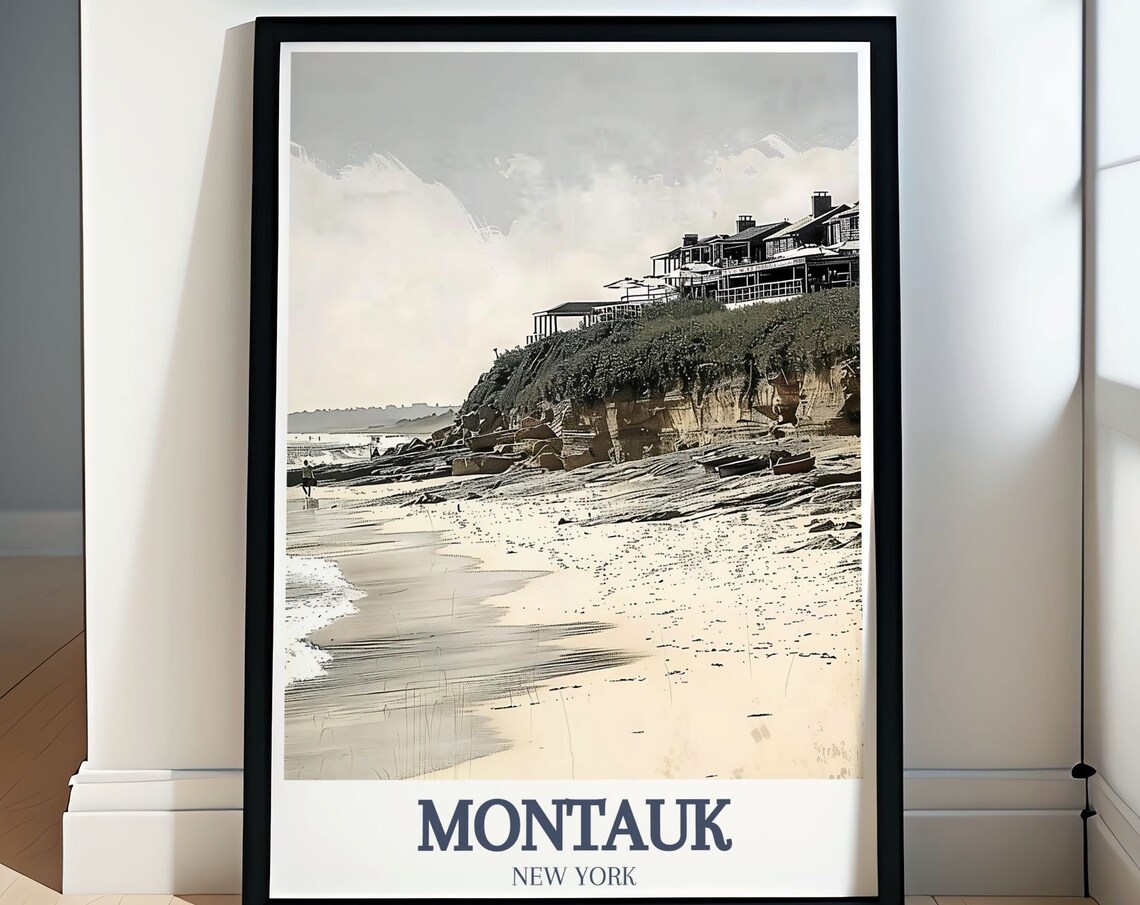 Montauk Beach Cliffside Houses Waves Sandy Shore Travel Art Poster