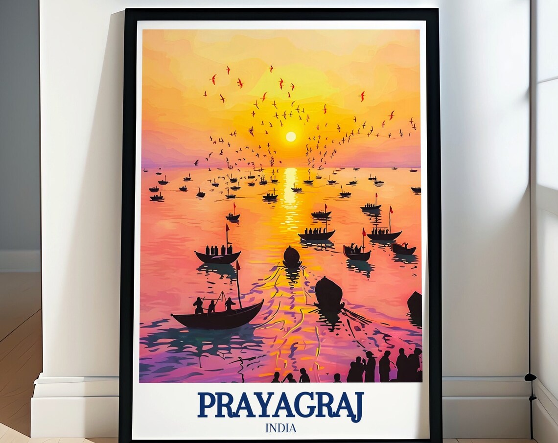 Prayagraj India Sunrise Boats River Birds Silhouette Scene Poster