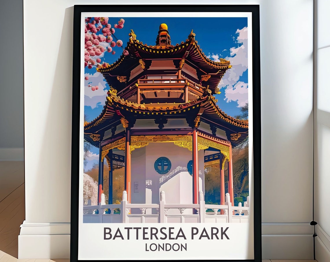 Battersea Park London Poster Battersea Park Pagoda Power Station Print Battersea Park Pagoda Art And Power Station Travel Print
