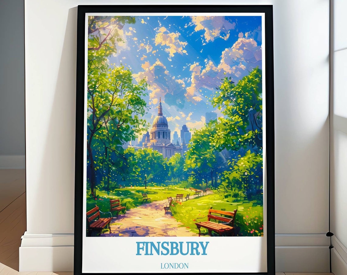 Finsbury London Sunlit Park Path with Wooden Benches View Poster