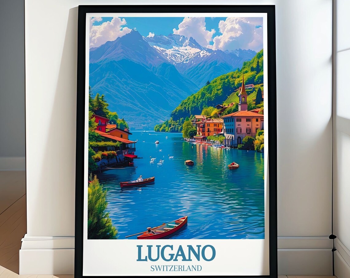 Lugano Switzerland Lake With Boats And Mountain Village Poster