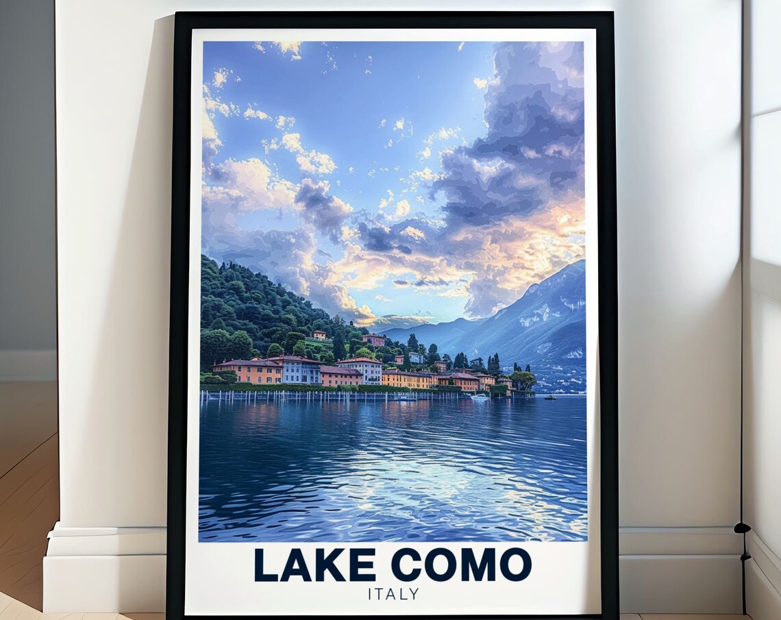 Lake Como Dusk Villas Calm Water Italy Evening Twilight Poster