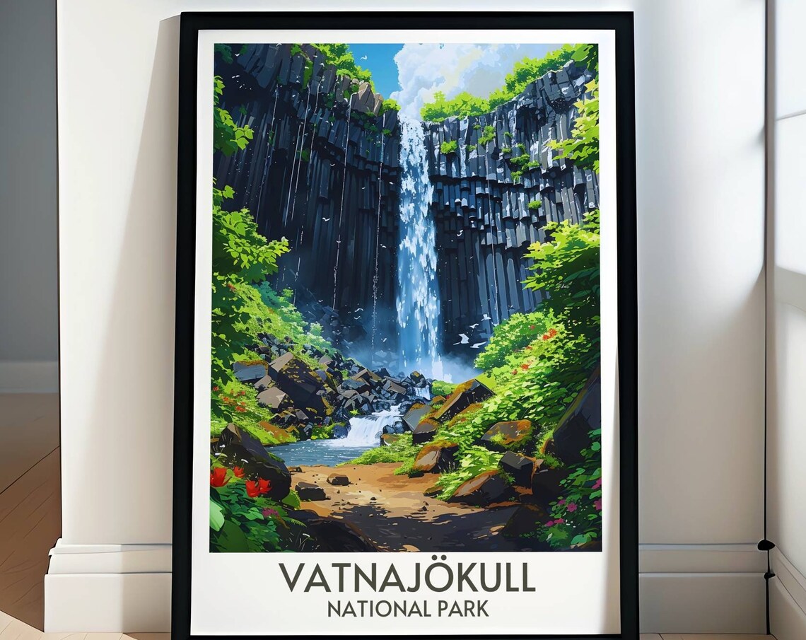 Vatnajokull National Park Basalt Cliff Waterfall Travel Poster Art