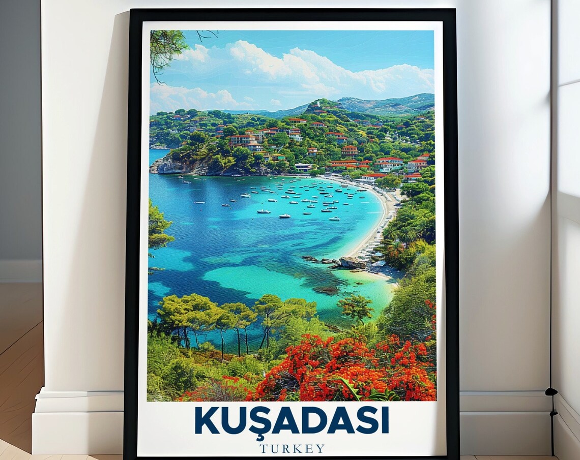 Kusadasi Bay Turquoise Water Boats Coastline Travel Art Poster