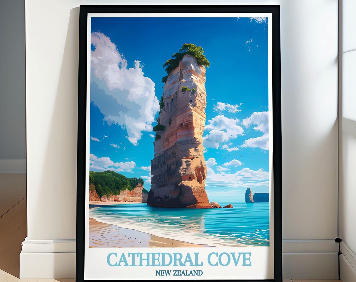 Cathedral Cove Towering Sea Stack Rock Formation Beach Poster