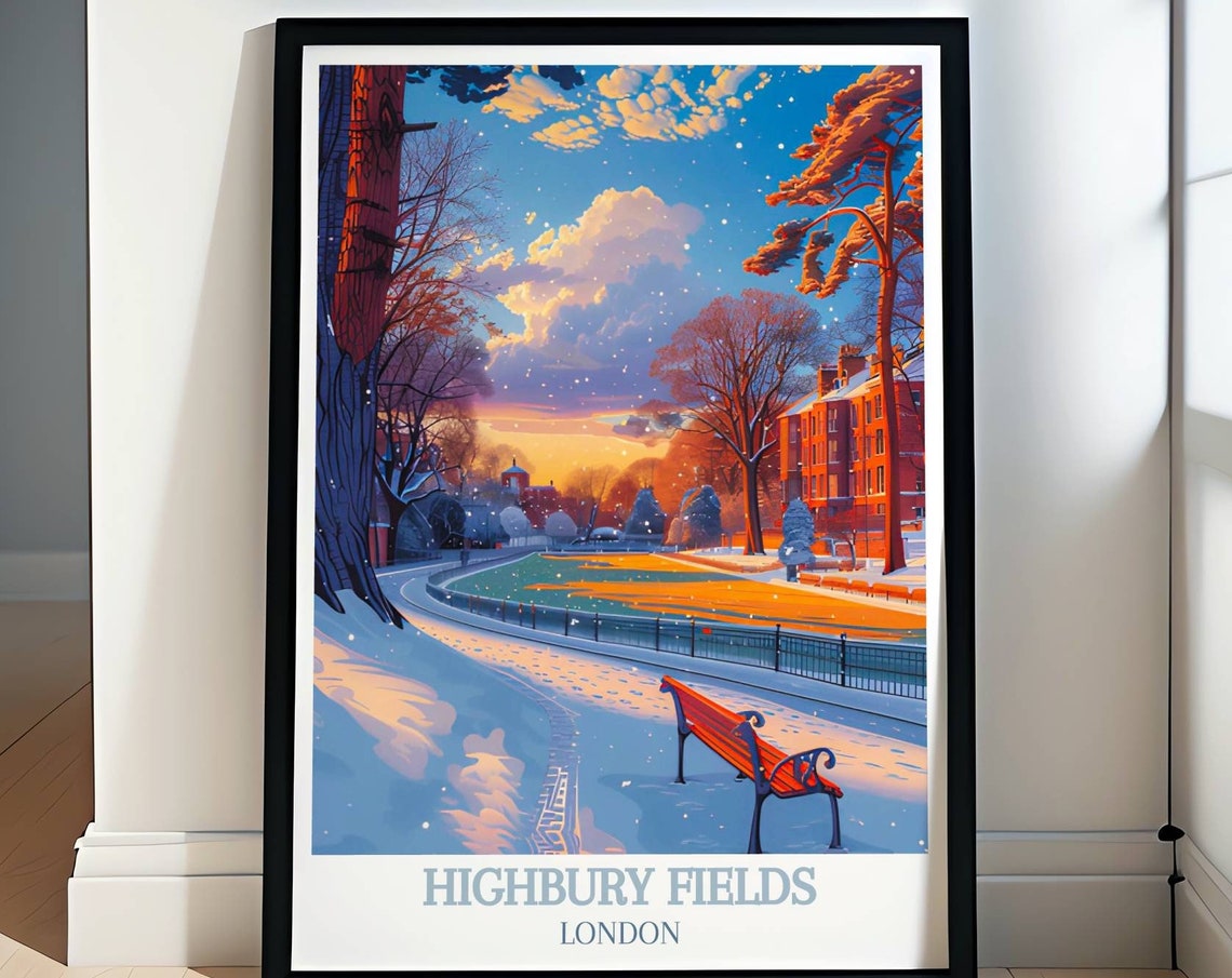 Highbury Fields London Snowy Winter Park Bench Scenery Poster