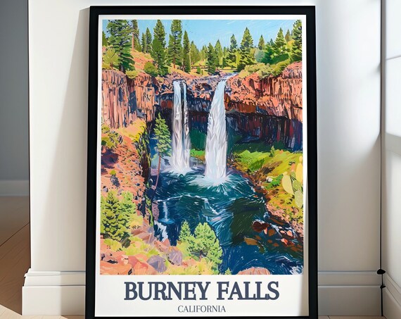 Burney Falls Twin Cascades Into Turquoise Pool Red Cliffs Poster