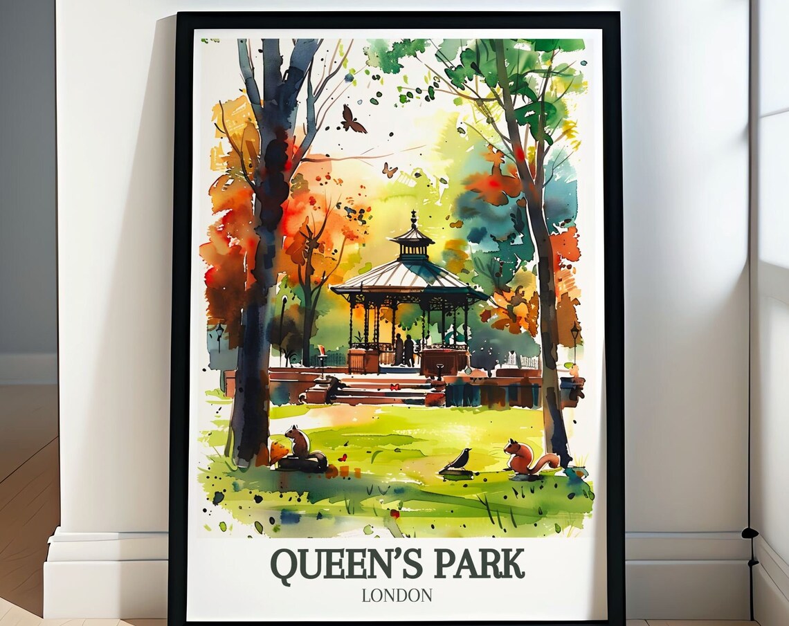 Queens Park London Bandstand Autumn Watercolor Park Scene Poster