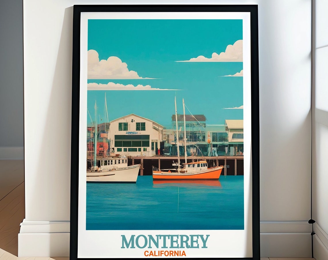 Monterey Travel Poster Fishermans Wharf Decor And Gifts Monterey Skyline And California Travel Poster Fishermans Wharf Art