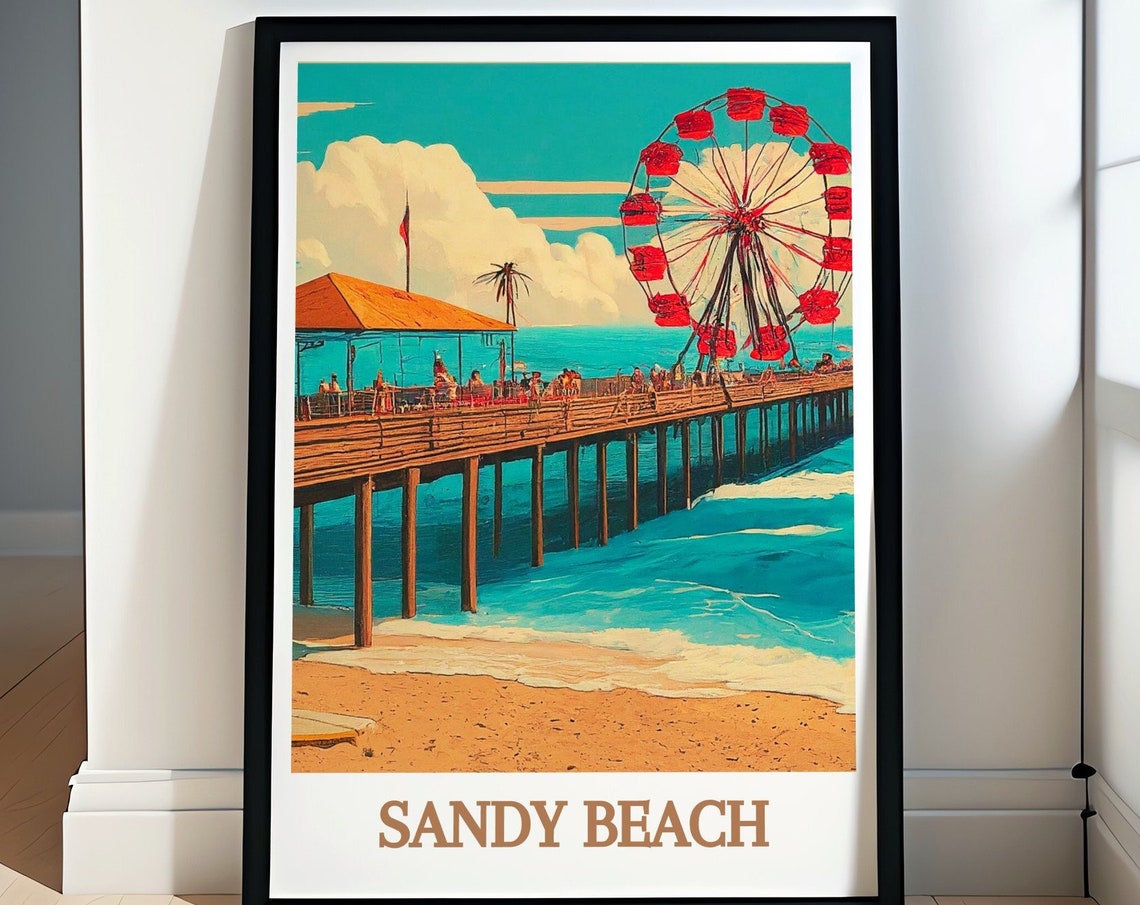 Sandy Beach Pier Ferris Wheel Retro Seaside Nostalgia Poster