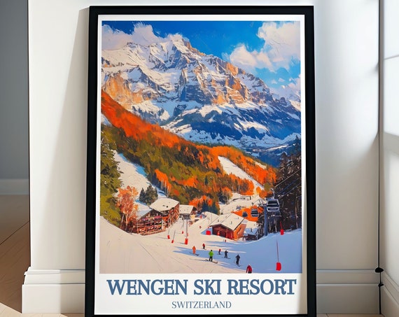 Wengen Ski Adventure Vintage Poster Of Swiss Alps And Eiger North Face Alpine Elegance Wengen And Grindelwald Ski Poster