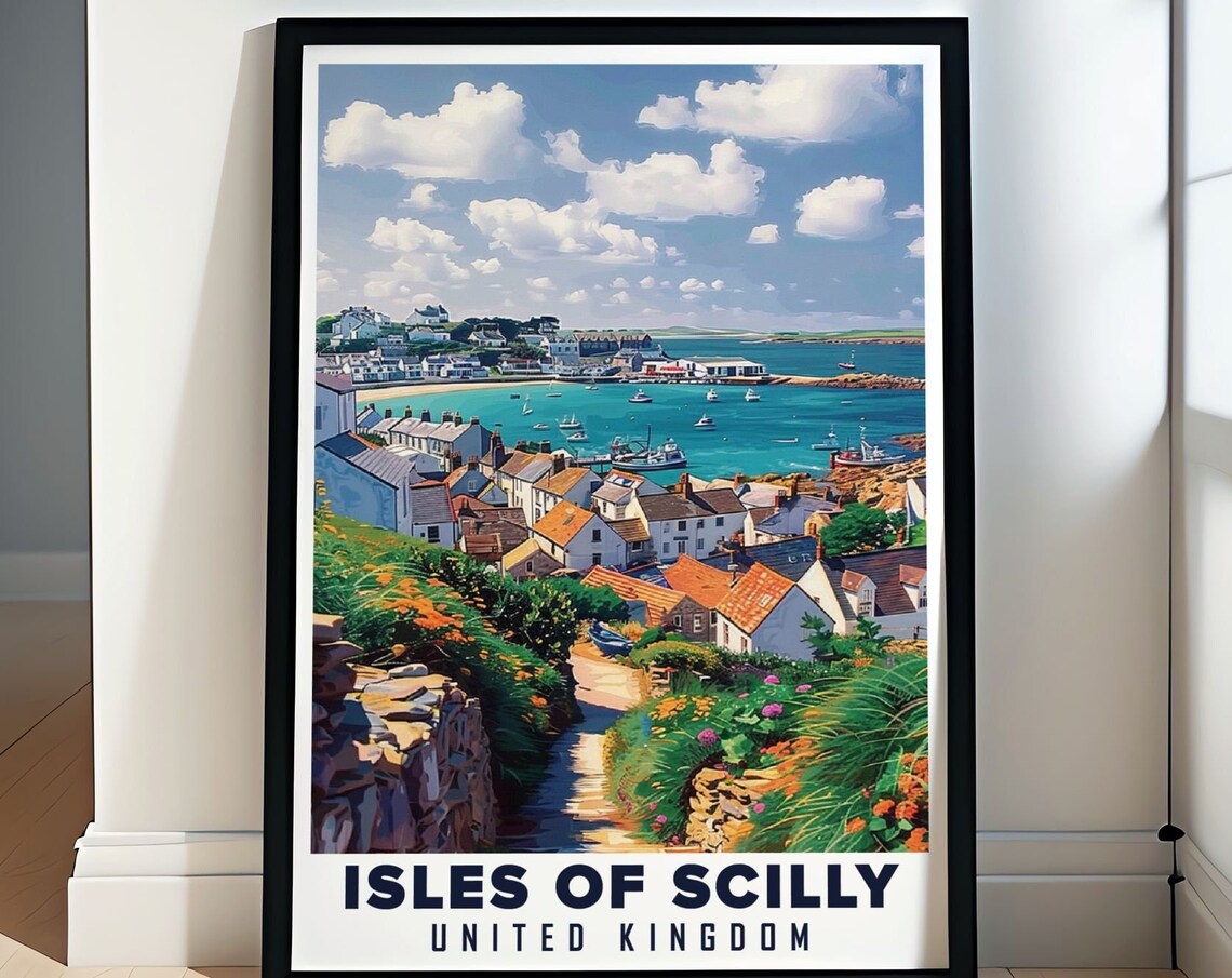 Isles of Scilly United Kingdom Hugh Town Harbor Cottages Boats Poster