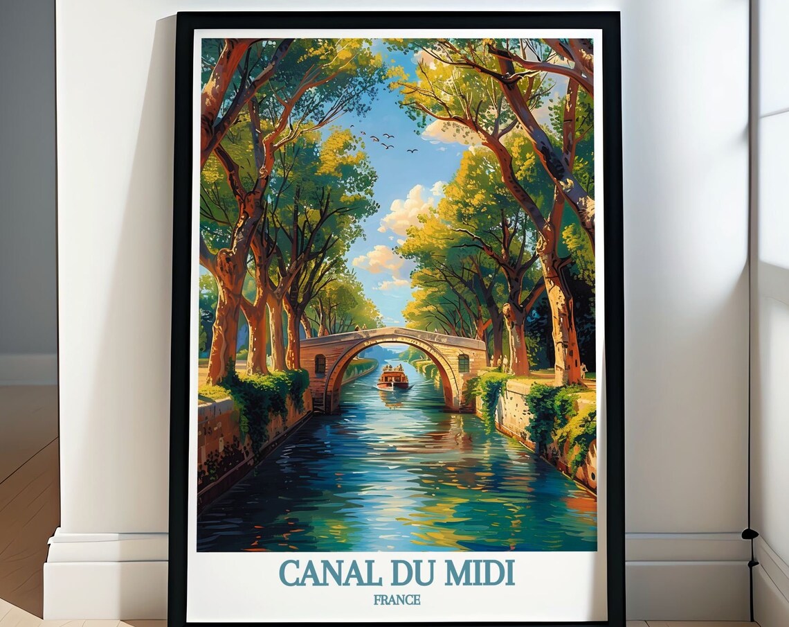 Canal Du Midi France Tree Lined Waterway Stone Bridge Barge Poster