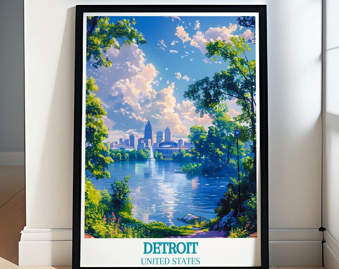 Detroit Skyline Across Blue Water Summer Cityscape Travel Poster Art