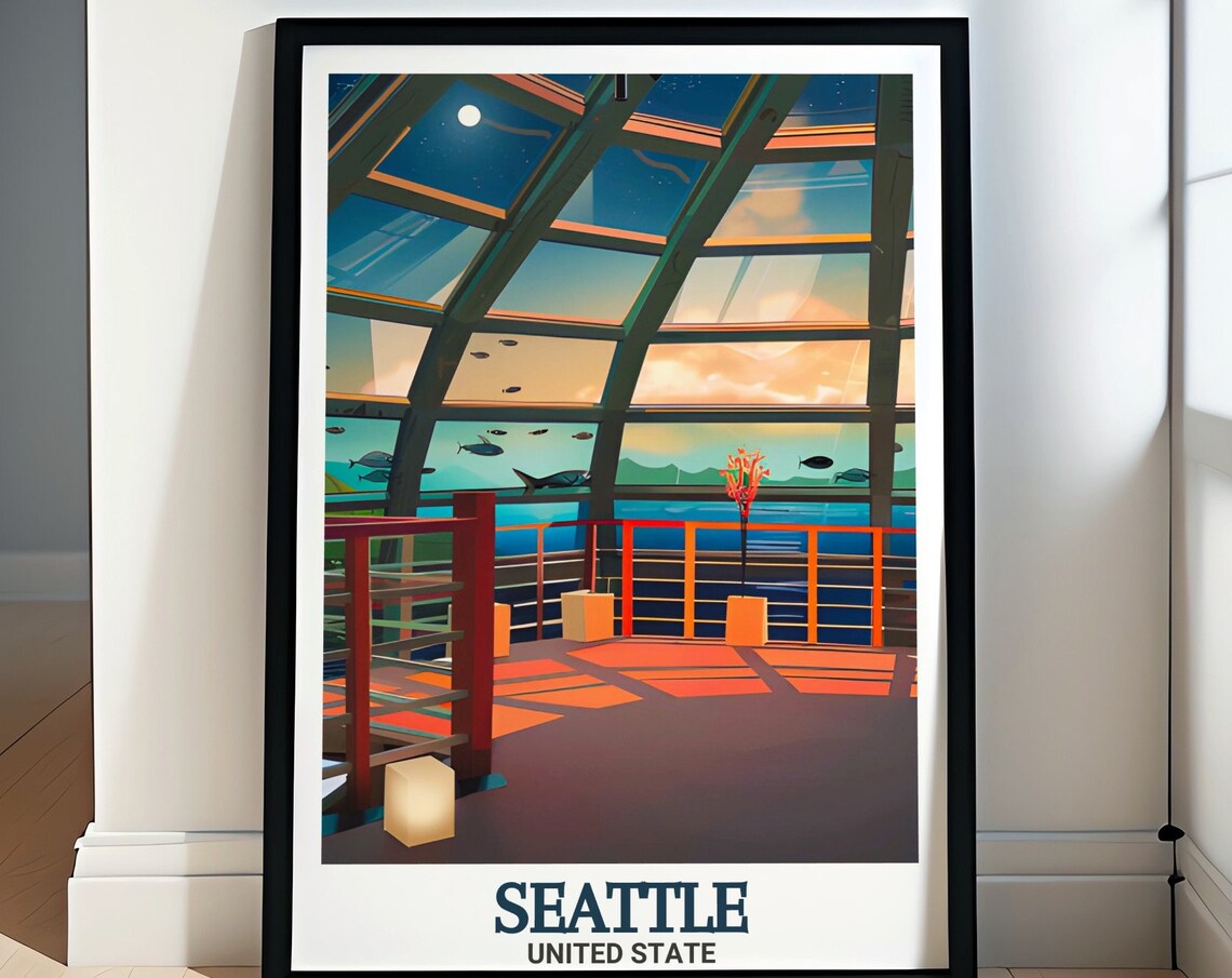 Seattle Aquarium Underwater Dome Sharks Illustration Travel Poster