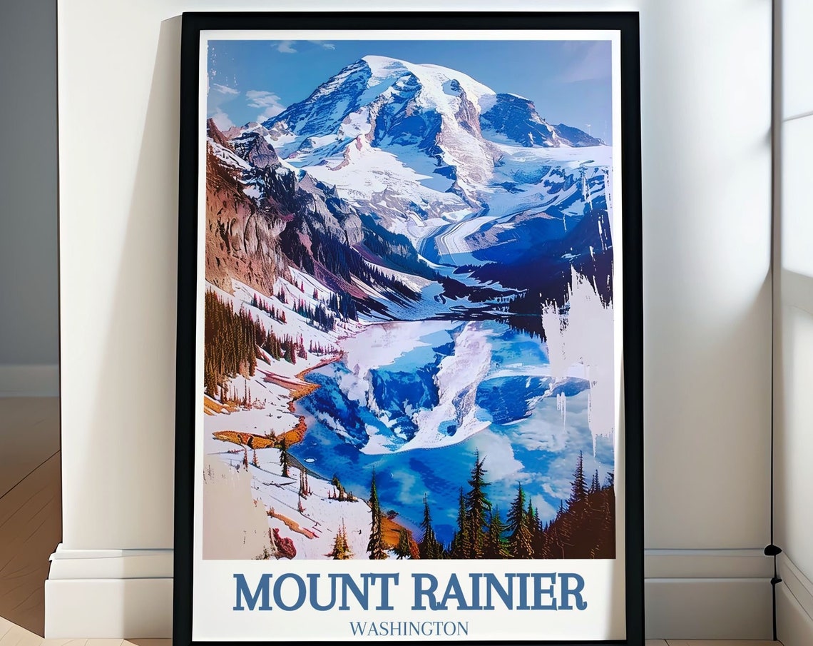Mount Rainier Washington Snowy Peak Poster with Lake Reflection