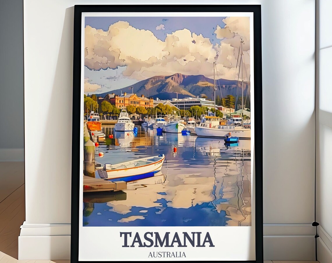 Tasmania Australia Hobart Harbor Sailboats Mountain Travel Poster