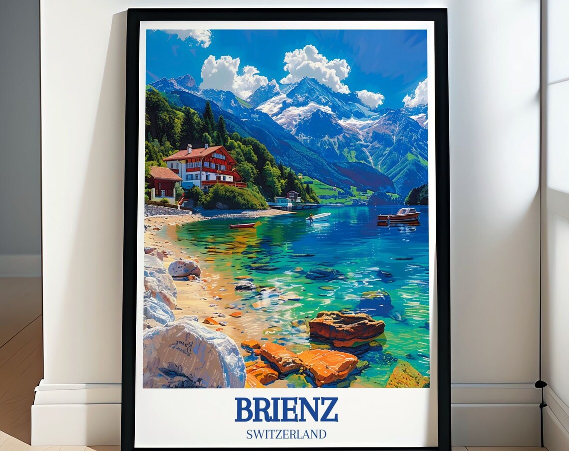 Brienz Switzerland Rocky Lakeshore Chalets And Crystal Water Poster