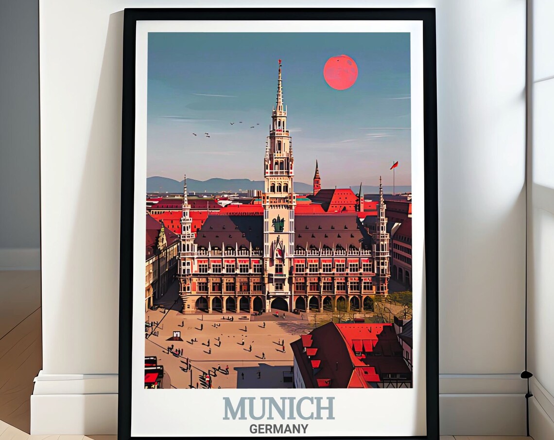 Munich New Town Hall Tower Marienplatz Red Roofs Sunset Travel Poster